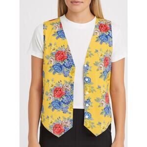 VINTAGE AJ Vest yellow floral print beaded button front tie back SZ M